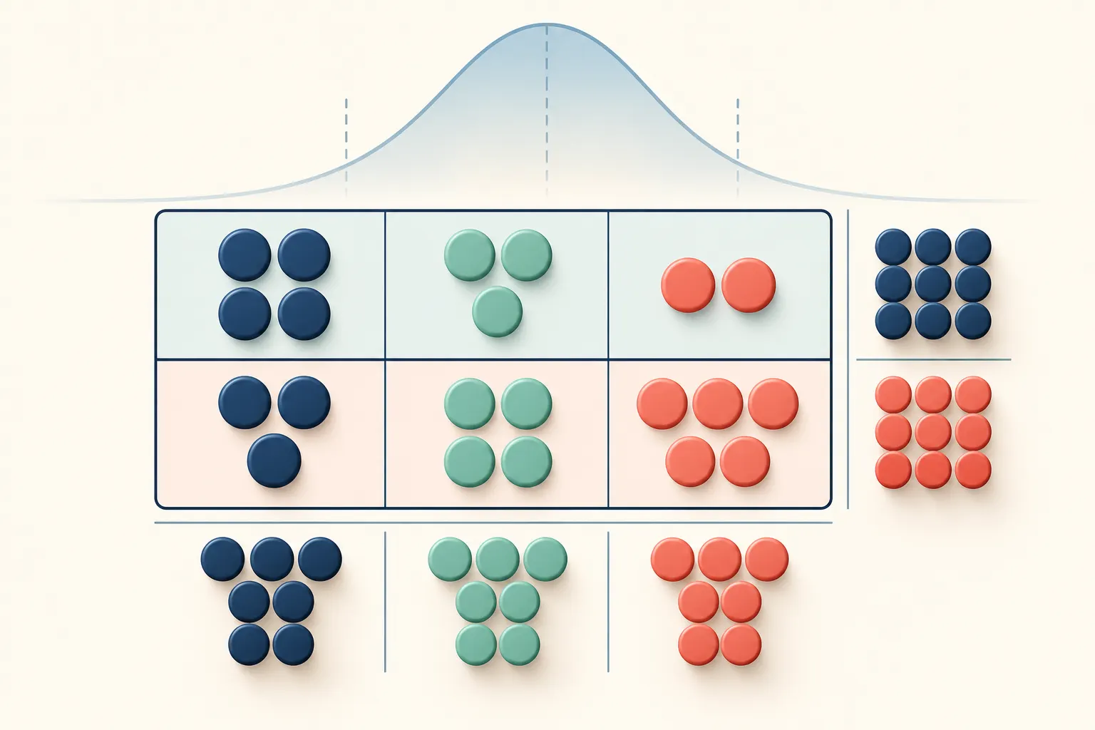 Colored counters organized in a two-row, three-column table beside a distribution curve