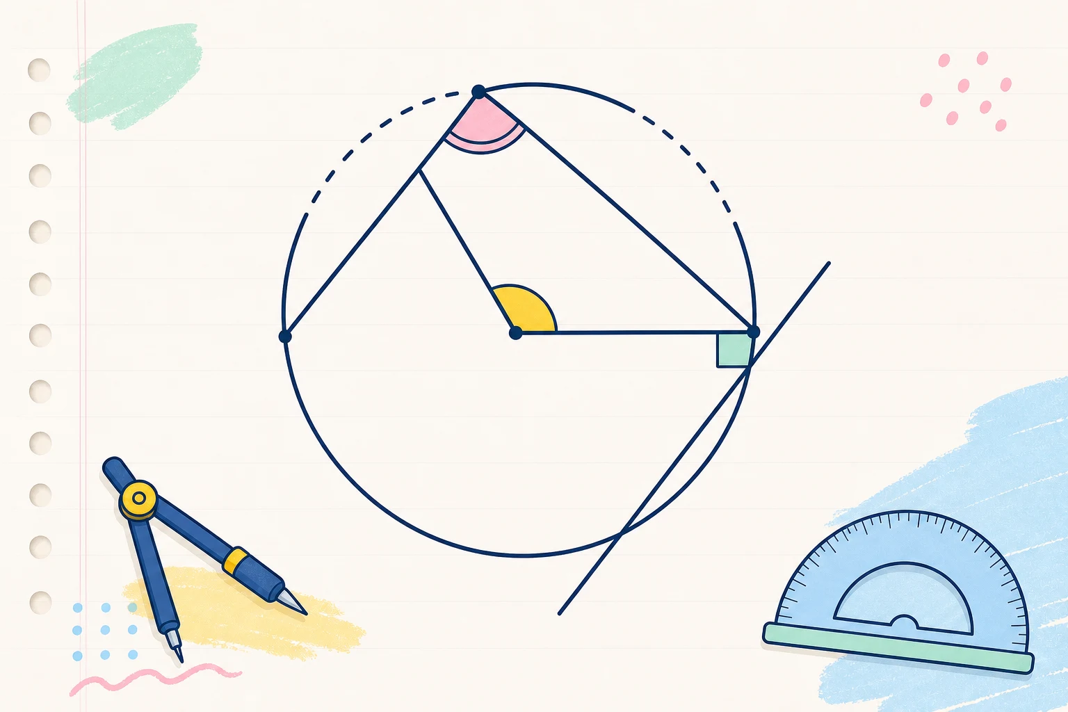 A circle diagram with central and inscribed angles, a tangent, a compass and a protractor