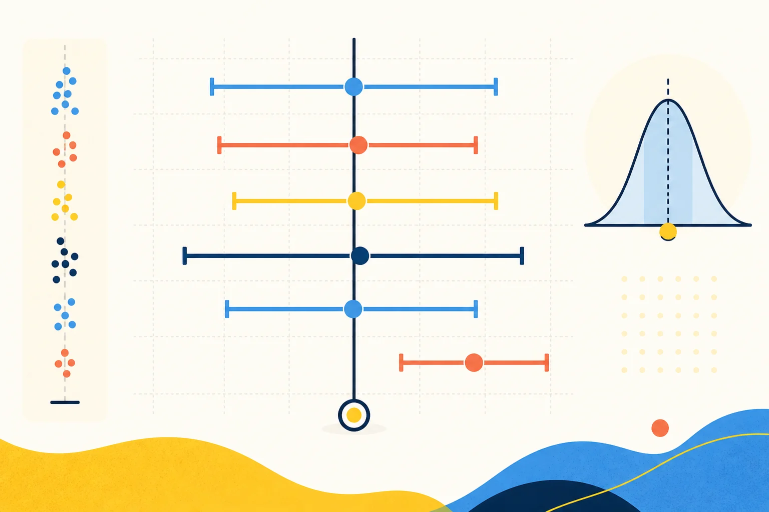 Several confidence interval bars crossing a fixed population-value line while one interval misses it