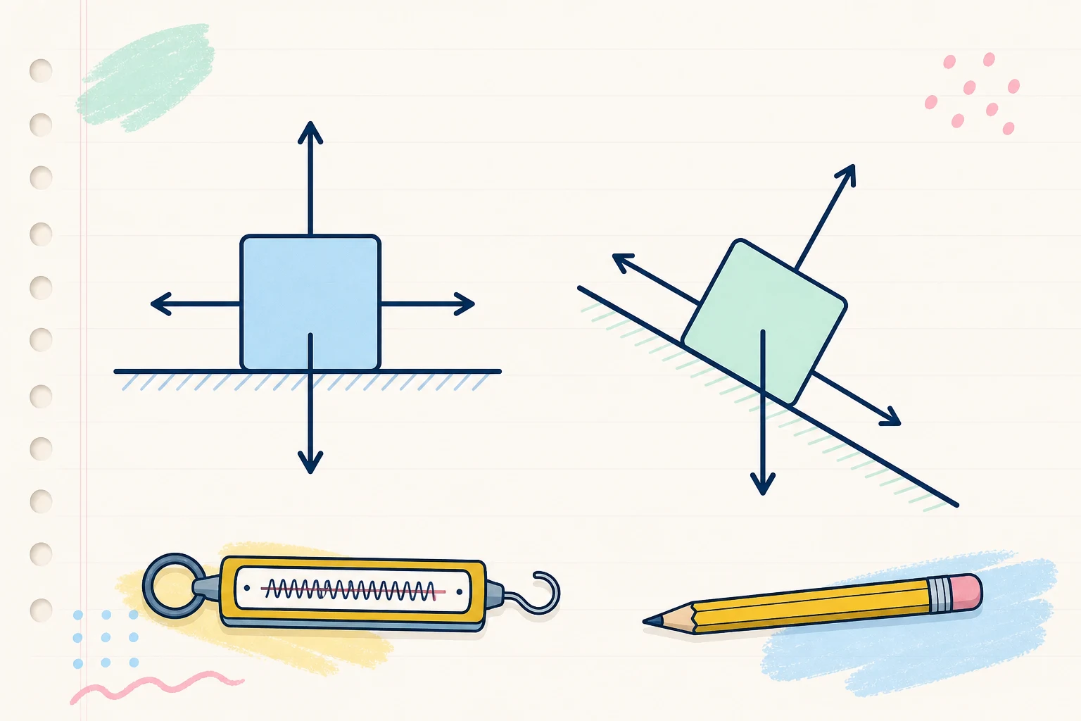 Blocks on a table and an incline with force arrows, plus a spring scale and pencil