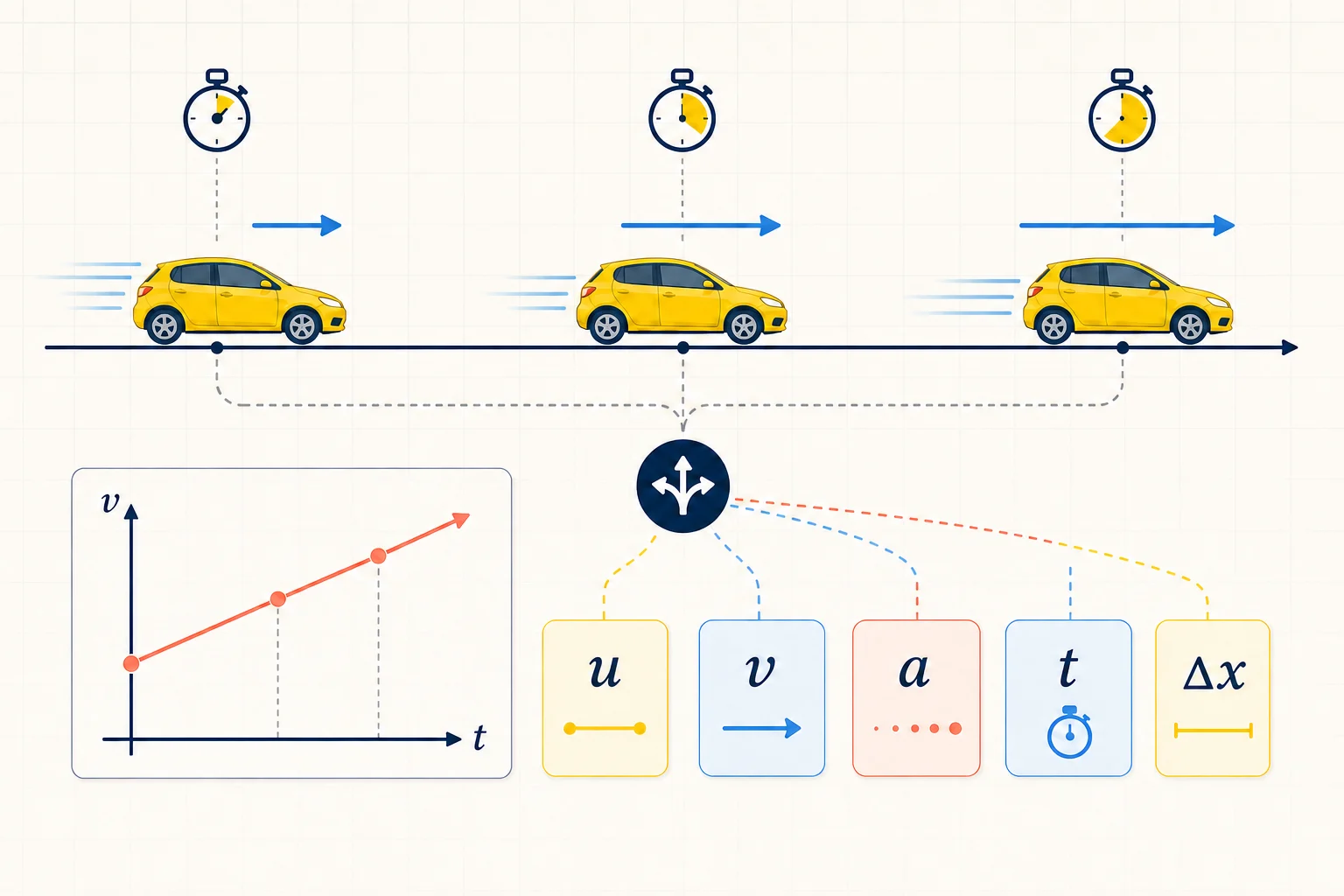 A car shown at successive times above a velocity-time graph and kinematics variable cards