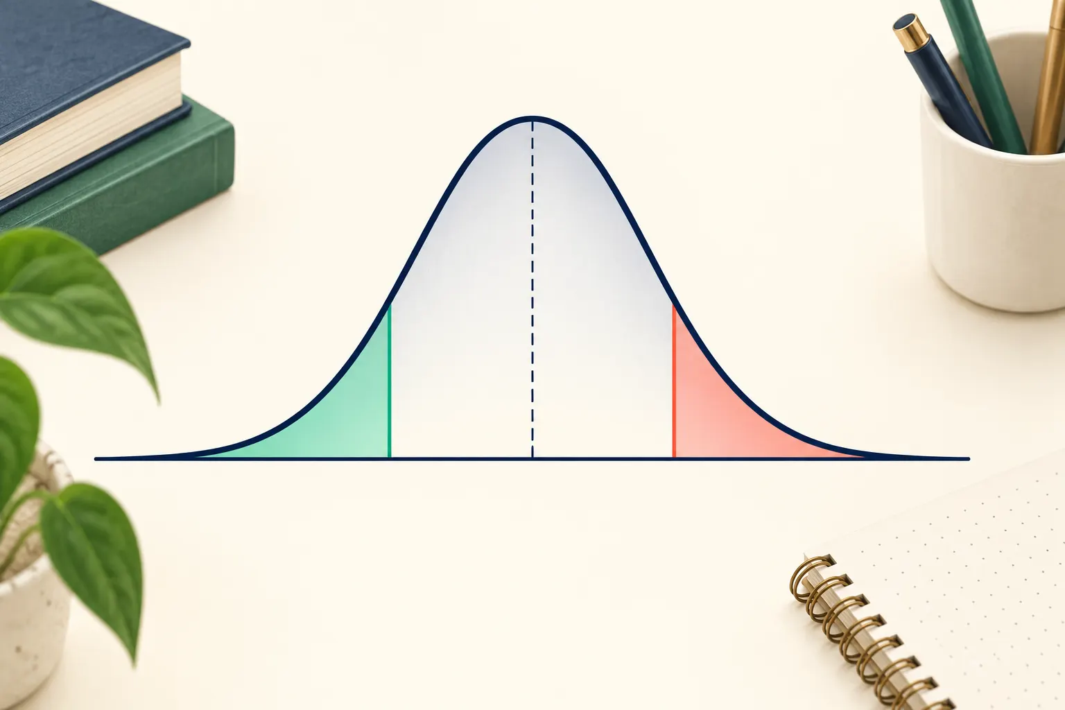 A bell curve with both outer tails shaded in contrasting colors
