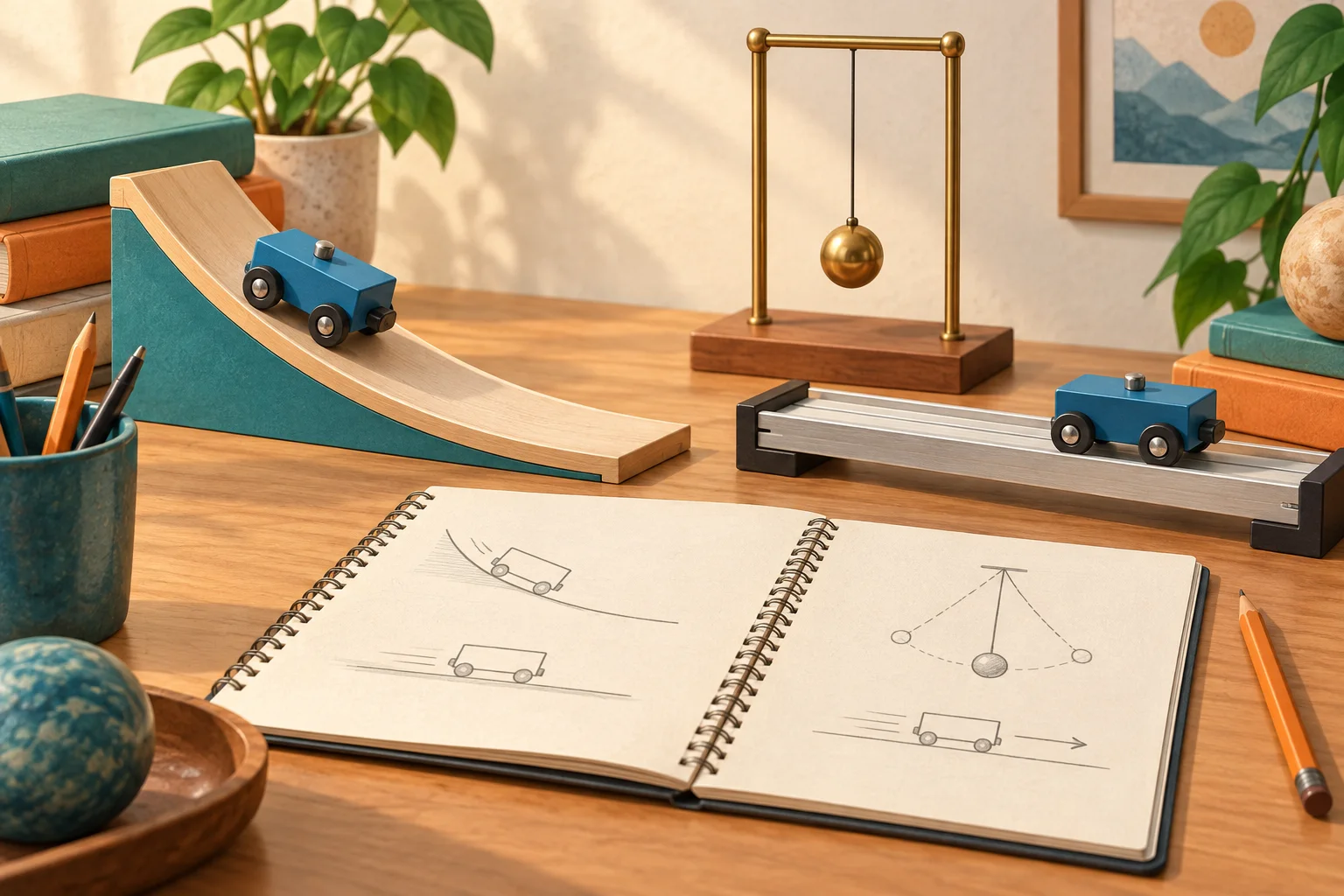 Laboratory carts, a curved ramp and a pendulum illustrating mechanics problem-solving methods