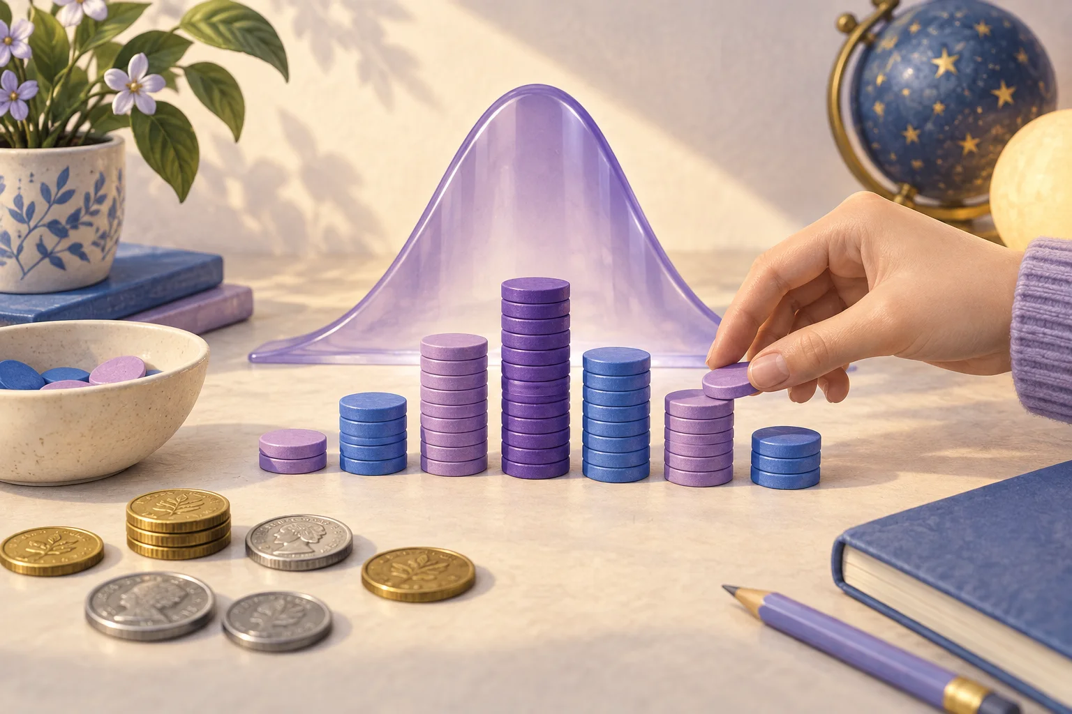 Coins and stacked counting chips beside a translucent bell curve representing probability distributions