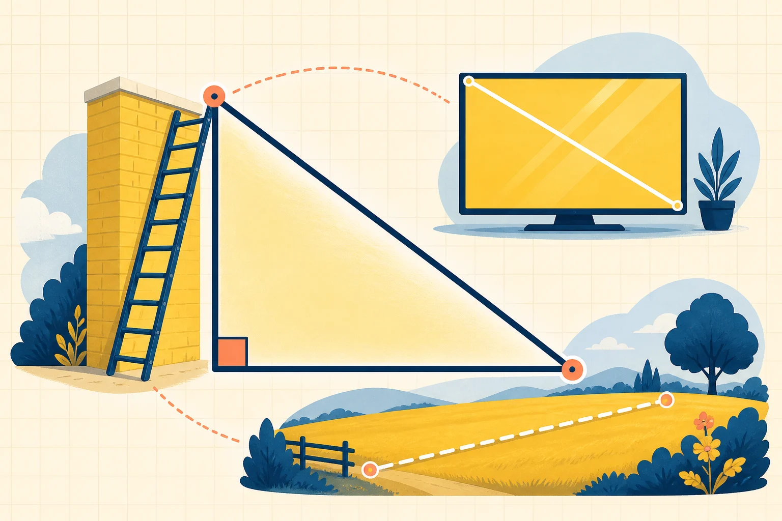 Right triangles connecting a ladder, a screen diagonal and a route across a field