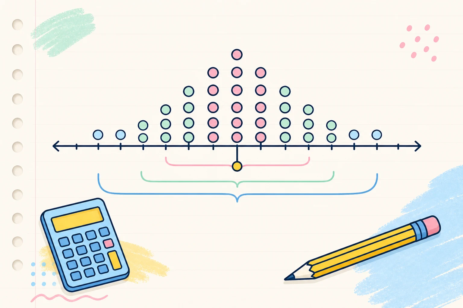 A dot plot centered on its mean with brackets showing data spread, a calculator and a pencil