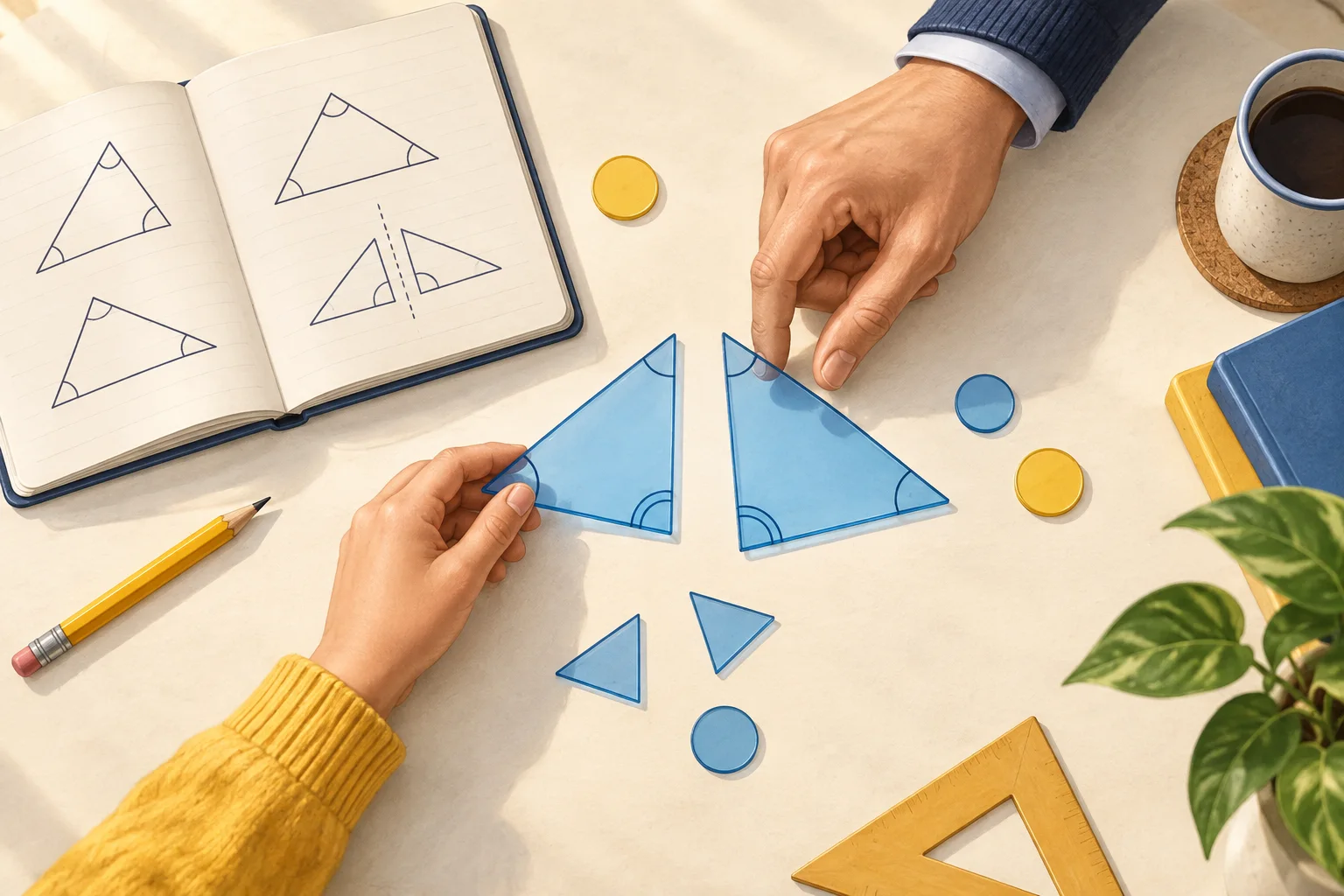 A teacher and student arranging blue geometric triangles beside an open notebook