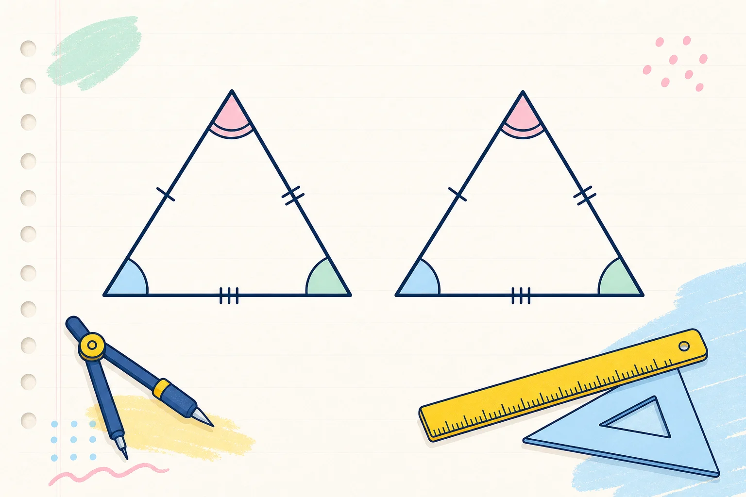 Two matching triangles with corresponding side and angle markings beside geometry tools